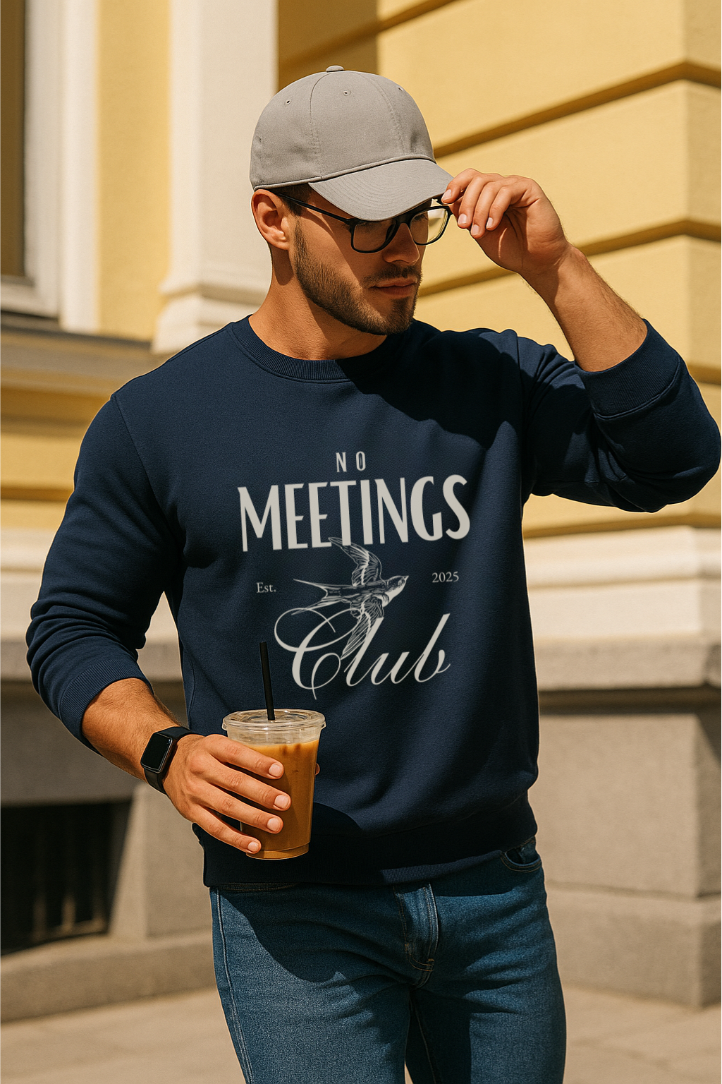 No meetings club vintage-style sweatshirt