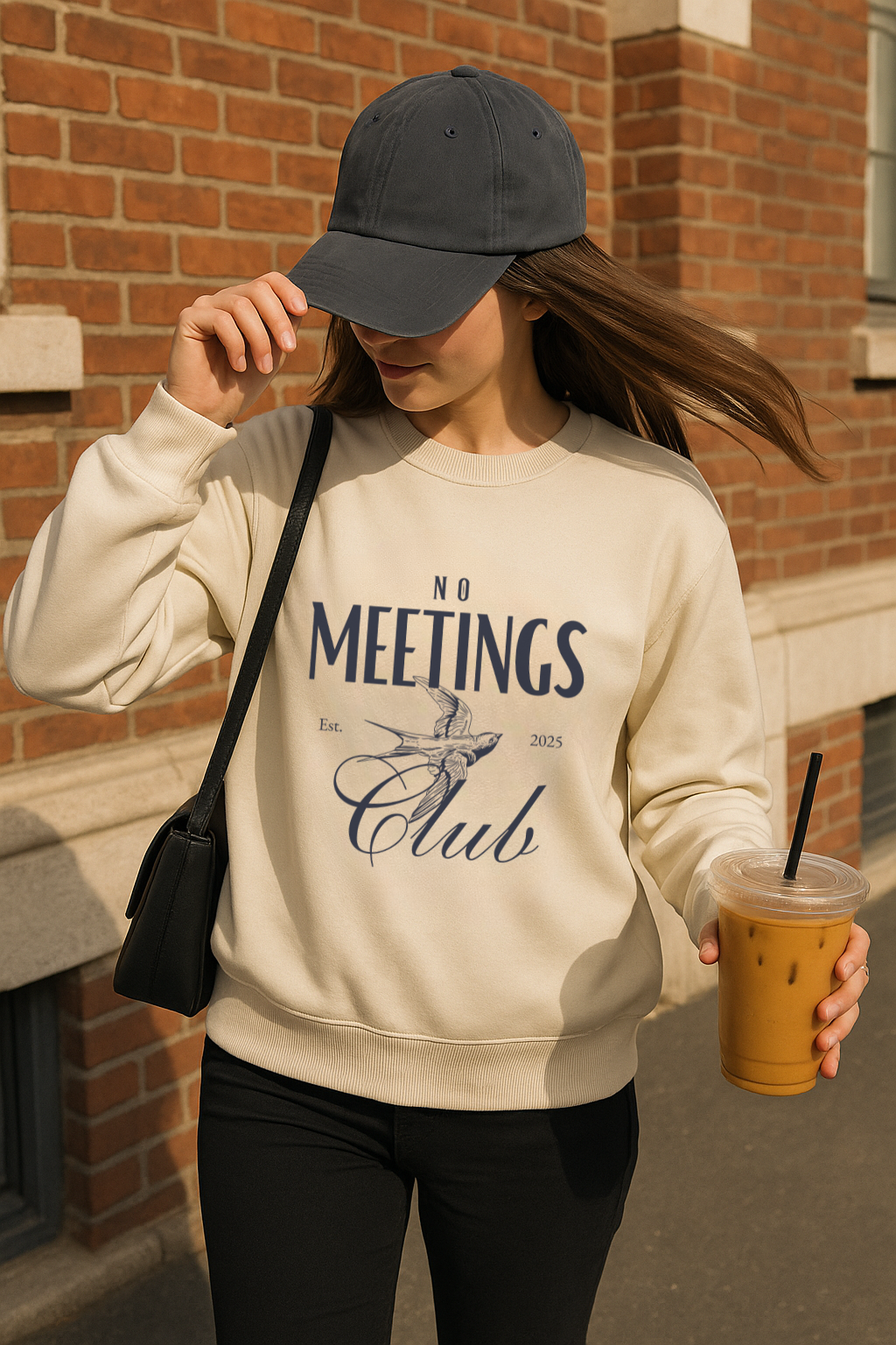 No meetings club vintage-style sweatshirt